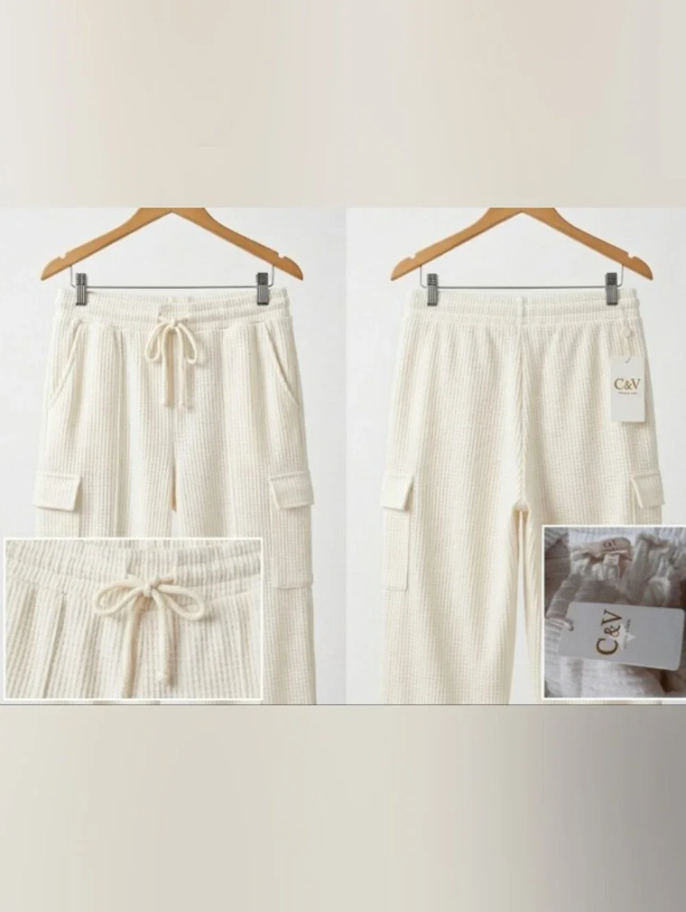 Atleasue Ivory XL Relaxed Cargo Waffle Knit Resort Travel Weekend Joggers New - Picture 3 of 6